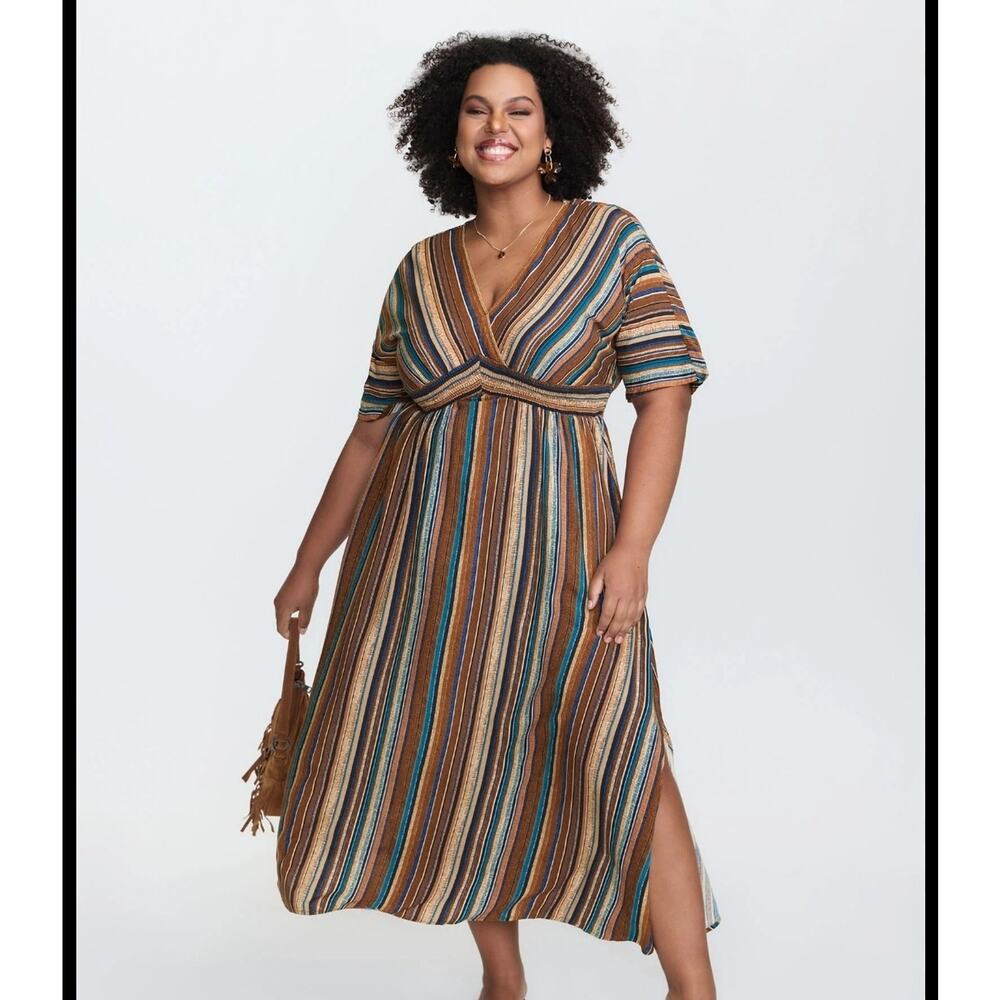 Bloomchic Sz 22-24 Blue Brown Stripe Smocked Slit Dress Fit & Flare Spring